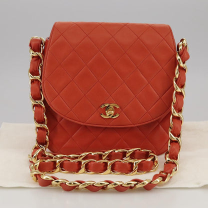 CHANEL Matelasse Chain Shoulder Bag Lamb Skin Orange Gold CC 107881A