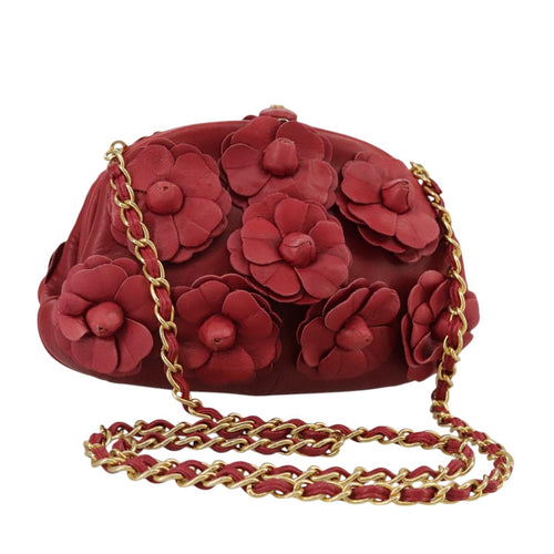 CHANEL Chain Flower Shoulder Bag Leather Red Gold CC 107981