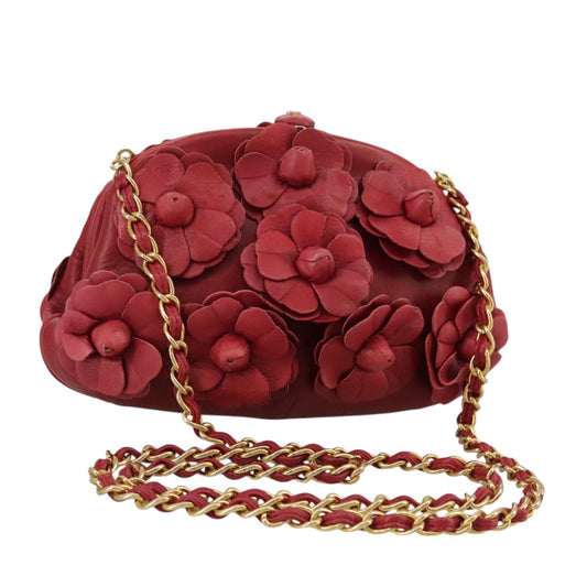 CHANEL Chain Flower Shoulder Bag Leather Red Gold CC 107981