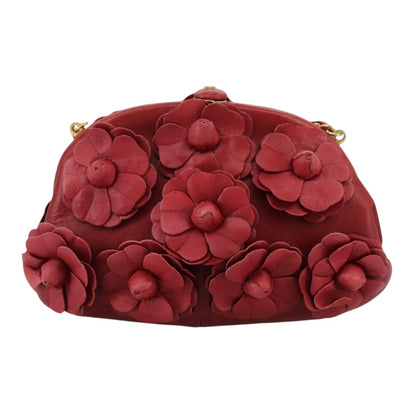 CHANEL Chain Flower Shoulder Bag Leather Red Gold CC 107981