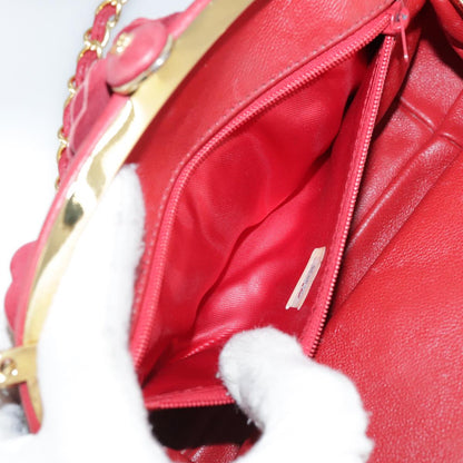 CHANEL Chain Flower Shoulder Bag Leather Red Gold CC 107981