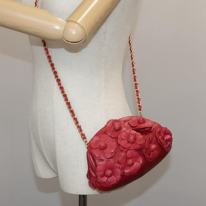 CHANEL Chain Flower Shoulder Bag Leather Red Gold CC 107981