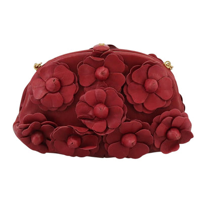 CHANEL Chain Flower Shoulder Bag Leather Red Gold CC 107981