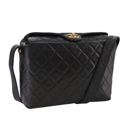 CHANEL Matelasse Shoulder Bag Lamb Skin Black Gold CC 108071