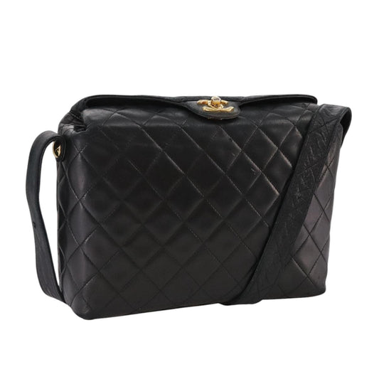 CHANEL Matelasse Shoulder Bag Lamb Skin Black Gold CC 108071