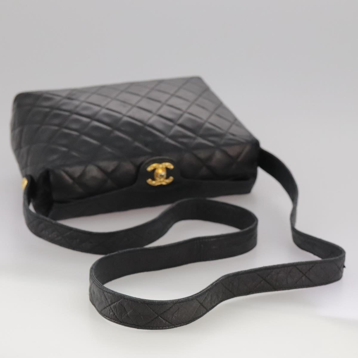 CHANEL Matelasse Shoulder Bag Lamb Skin Black Gold CC 108071