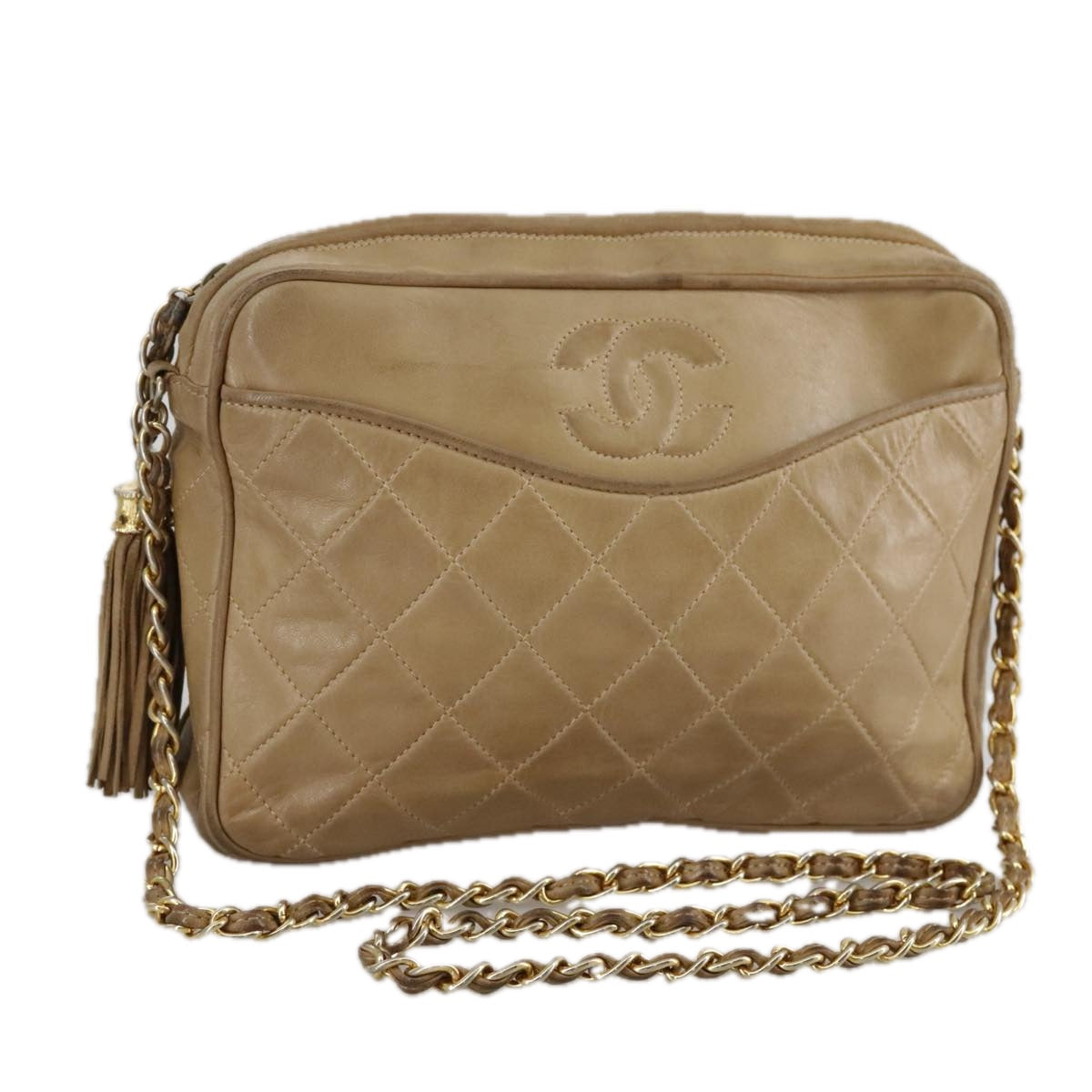 CHANEL Matelasse Chain Shoulder Bag Lamb Skin Beige Gold CC 108395