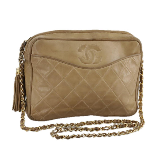 CHANEL Matelasse Chain Shoulder Bag Lamb Skin Beige Gold CC 108395