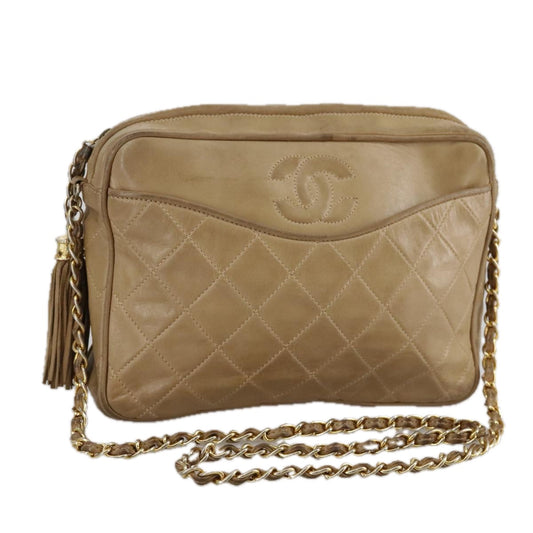 CHANEL Matelasse Chain Shoulder Bag Lamb Skin Beige Gold CC 108395
