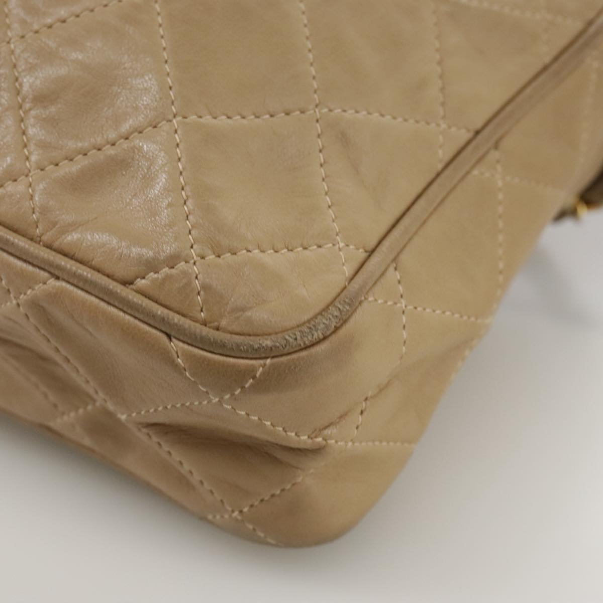 CHANEL Matelasse Chain Shoulder Bag Lamb Skin Beige Gold CC 108395