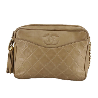 CHANEL Matelasse Chain Shoulder Bag Lamb Skin Beige Gold CC 108395