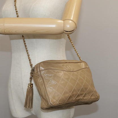 CHANEL Matelasse Chain Shoulder Bag Lamb Skin Beige Gold CC 108395