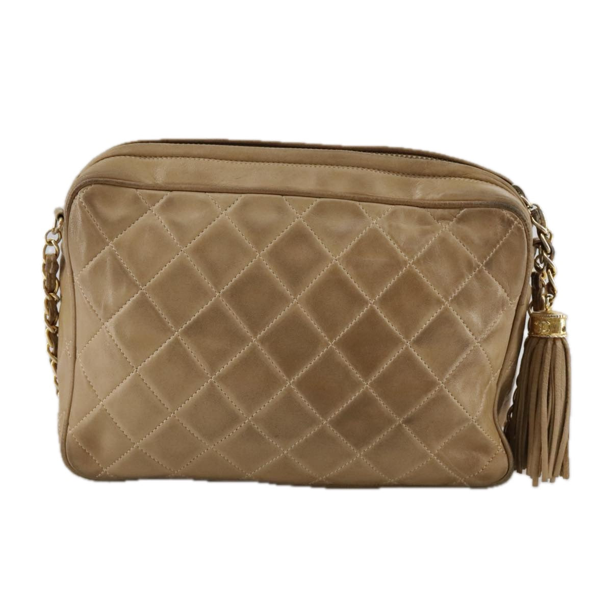 CHANEL Matelasse Chain Shoulder Bag Lamb Skin Beige Gold CC 108395