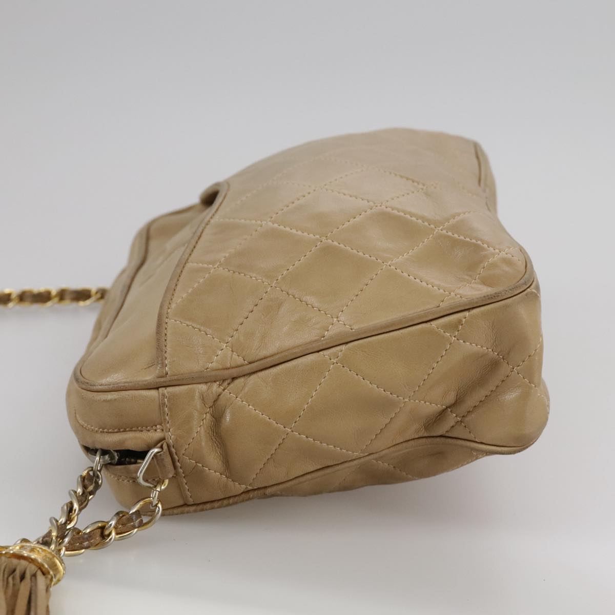 CHANEL Matelasse Chain Shoulder Bag Lamb Skin Beige Gold CC 108395