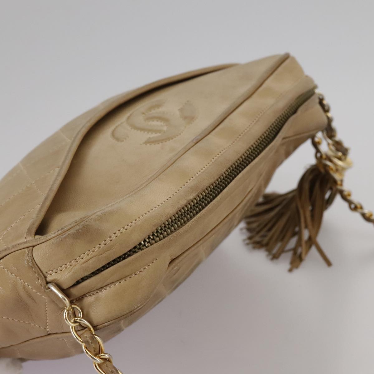 CHANEL Matelasse Chain Shoulder Bag Lamb Skin Beige Gold CC 108395