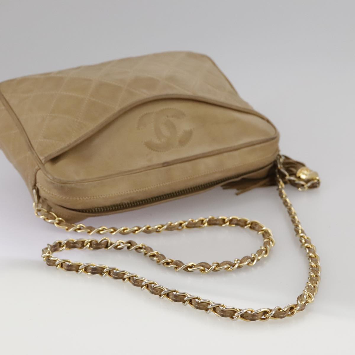 CHANEL Matelasse Chain Shoulder Bag Lamb Skin Beige Gold CC 108395