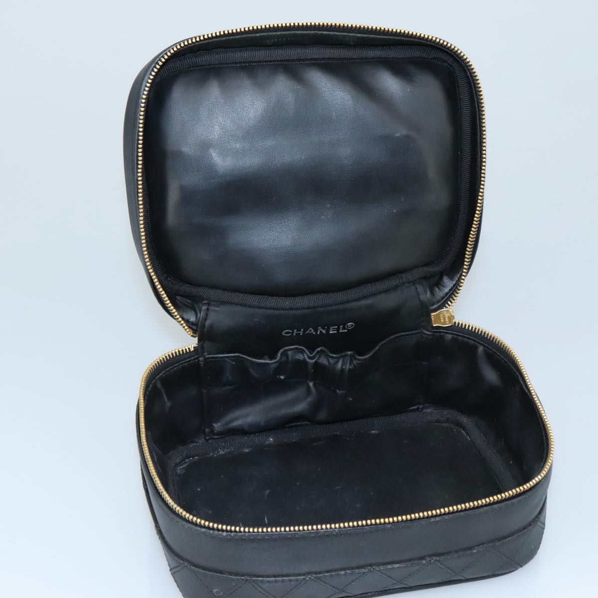 CHANEL Bicolore Vanity Hand Bag Leather Black Gold CC 108585