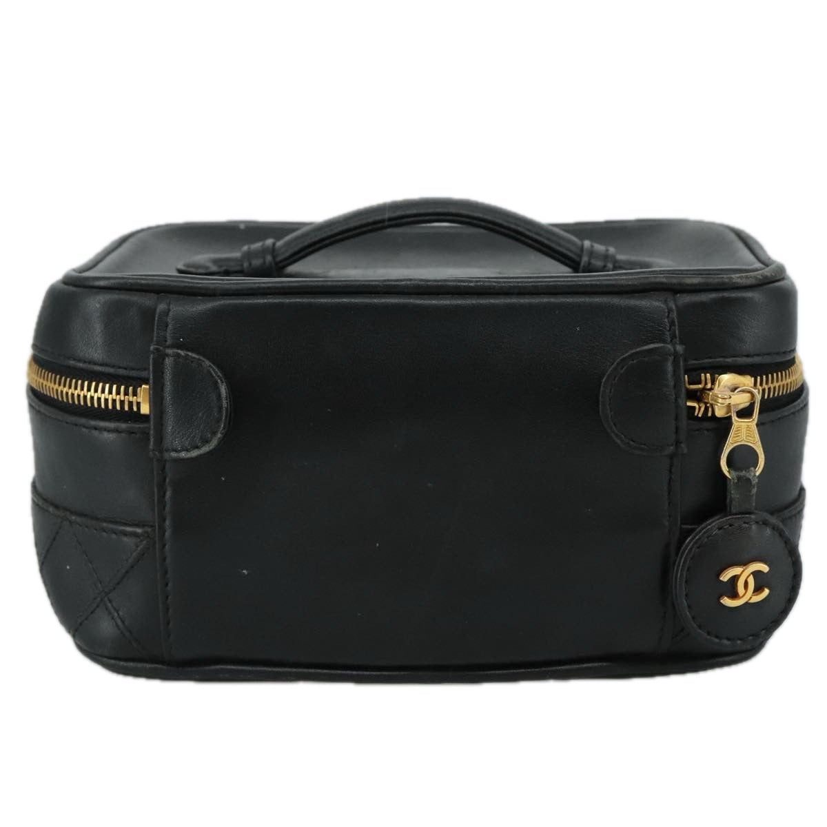 CHANEL Bicolore Vanity Hand Bag Leather Black Gold CC 108585
