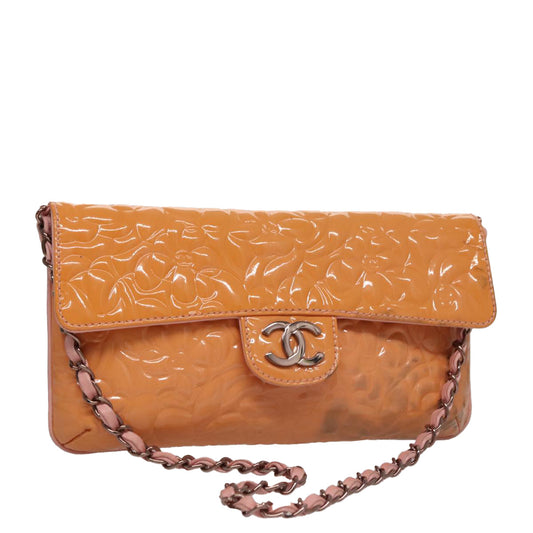 CHANEL Chain Camelia Shoulder Bag Patent leather Orange CC 108607
