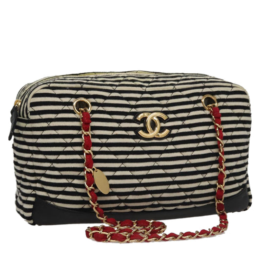 CHANEL Matelasse Chain Shoulder Bag Cotton Black White gold CC 108666