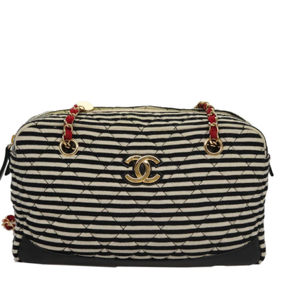CHANEL Matelasse Chain Shoulder Bag Cotton Black White gold CC 108666