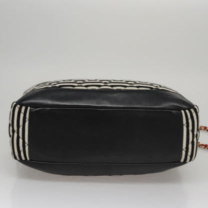 CHANEL Matelasse Chain Shoulder Bag Cotton Black White gold CC 108666