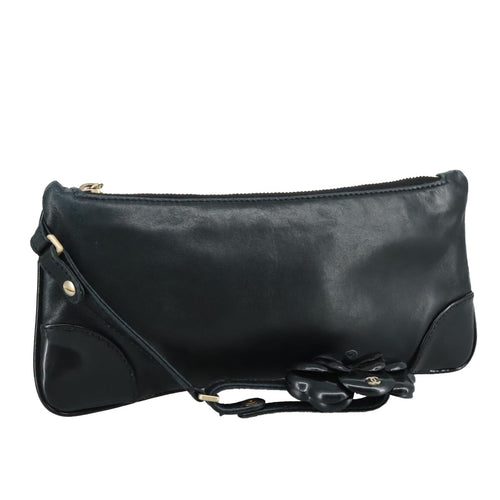 CHANEL Camelia Clutch Bag Lamb Skin Black Silver CC 108816