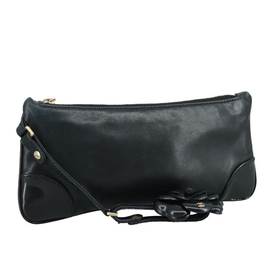 CHANEL Camelia Clutch Bag Lamb Skin Black Silver CC 108816