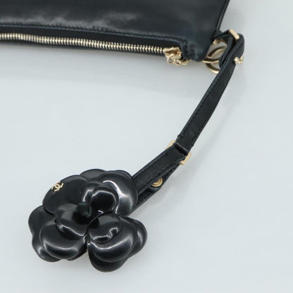 CHANEL Camelia Clutch Bag Lamb Skin Black Silver CC 108816