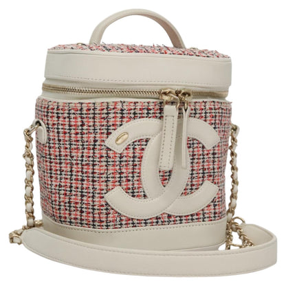CHANEL Vanity Cosmetic Pouch Tweed Leather 2way Red White CC 108914A