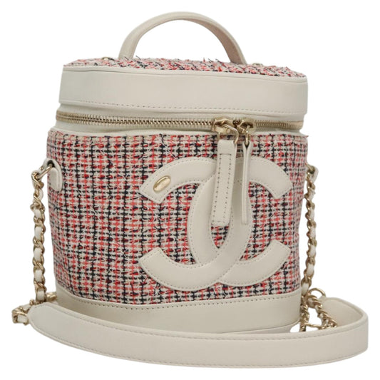 CHANEL Vanity Cosmetic Pouch Tweed Leather 2way Red White CC 108914A