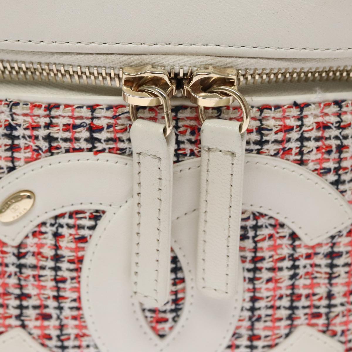 CHANEL Vanity Cosmetic Pouch Tweed Leather 2way Red White CC 108914A
