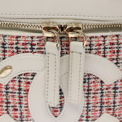 CHANEL Vanity Cosmetic Pouch Tweed Leather 2way Red White CC 108914A