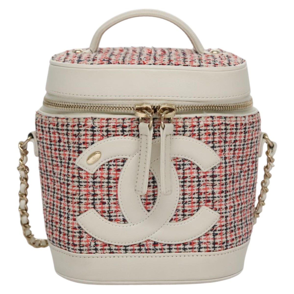 CHANEL Vanity Cosmetic Pouch Tweed Leather 2way Red White CC 108914A