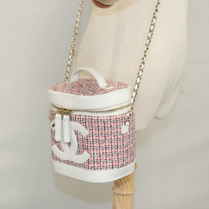 CHANEL Vanity Cosmetic Pouch Tweed Leather 2way Red White CC 108914A
