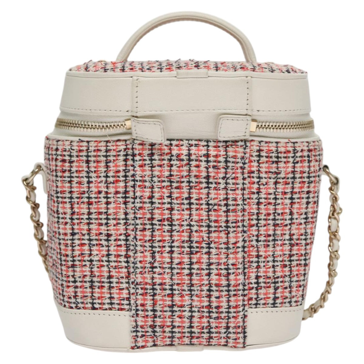 CHANEL Vanity Cosmetic Pouch Tweed Leather 2way Red White CC 108914A