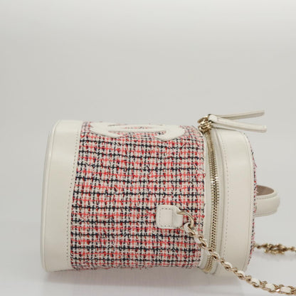 CHANEL Vanity Cosmetic Pouch Tweed Leather 2way Red White CC 108914A