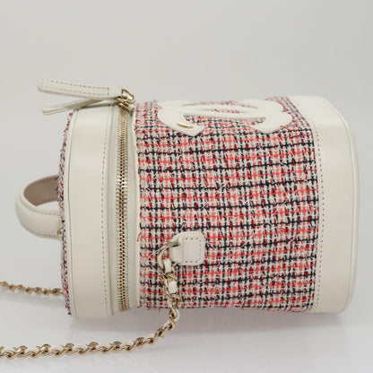 CHANEL Vanity Cosmetic Pouch Tweed Leather 2way Red White CC 108914A