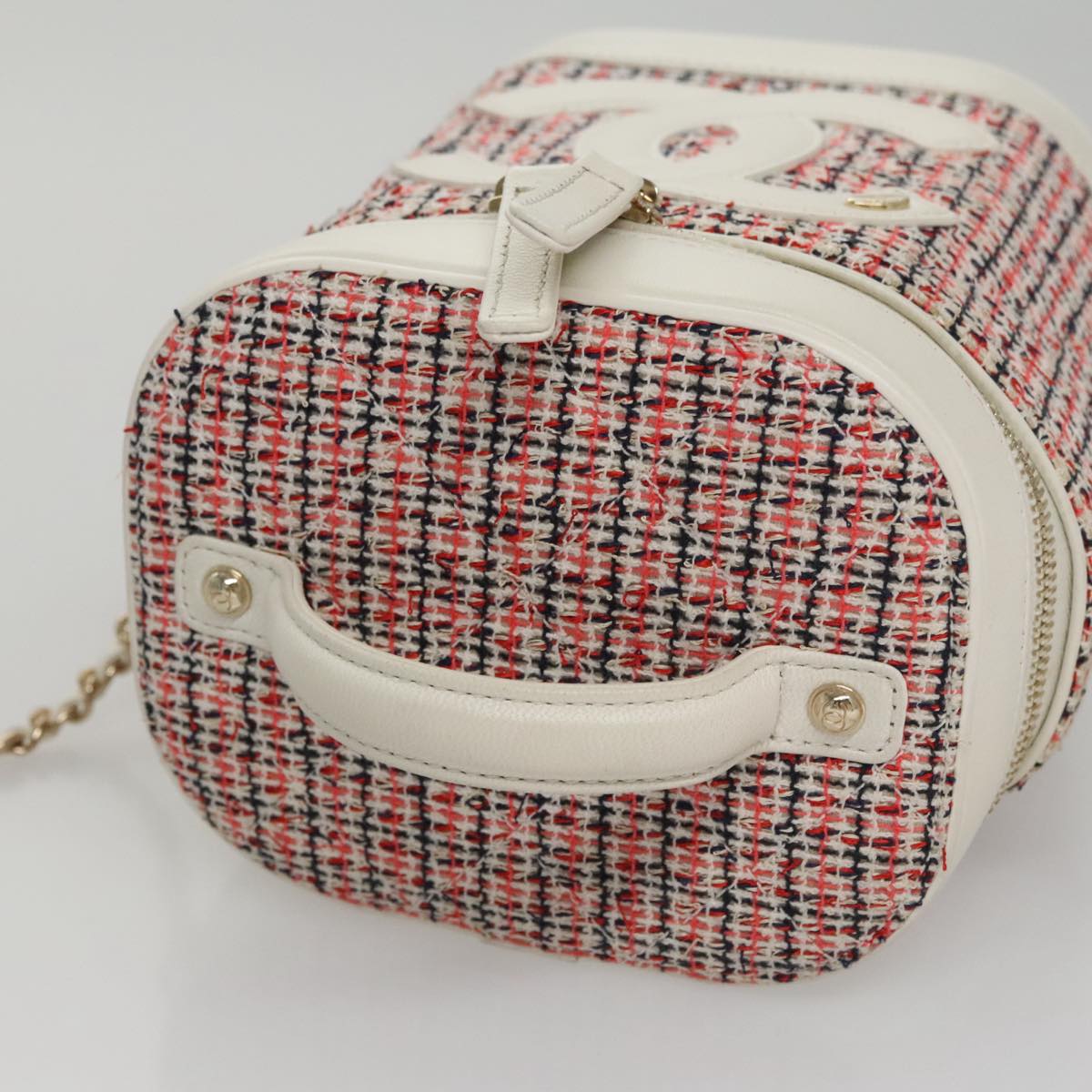 CHANEL Vanity Cosmetic Pouch Tweed Leather 2way Red White CC 108914A