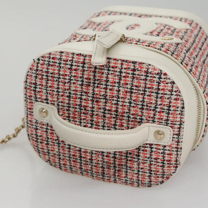 CHANEL Vanity Cosmetic Pouch Tweed Leather 2way Red White CC 108914A
