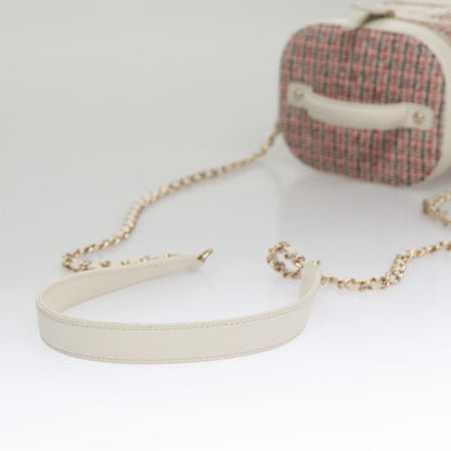 CHANEL Vanity Cosmetic Pouch Tweed Leather 2way Red White CC 108914A