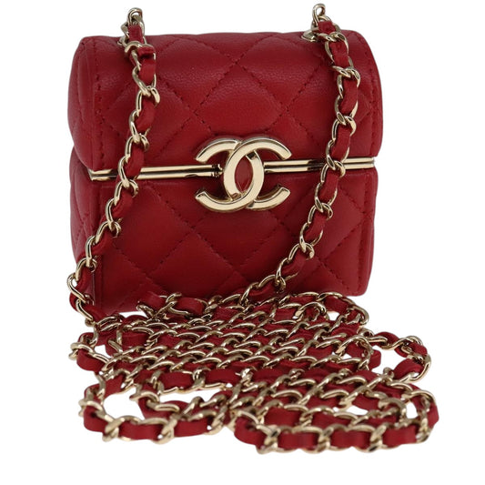 CHANEL Small Box Matelasse Chain Pouch Lamb Skin Red CC 108916A