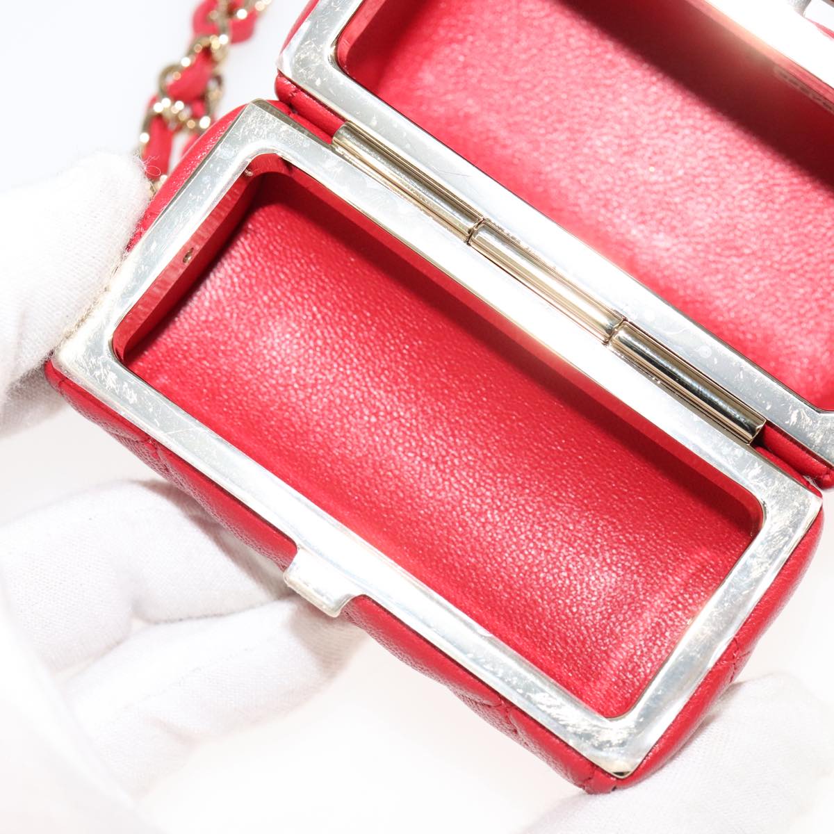 CHANEL Small Box Matelasse Chain Pouch Lamb Skin Red CC 108916A
