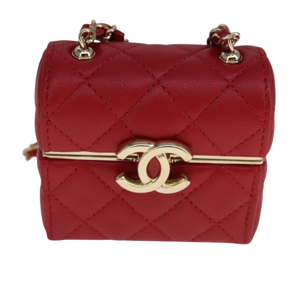 CHANEL Small Box Matelasse Chain Pouch Lamb Skin Red CC 108916A
