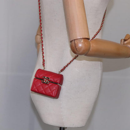 CHANEL Small Box Matelasse Chain Pouch Lamb Skin Red CC 108916A