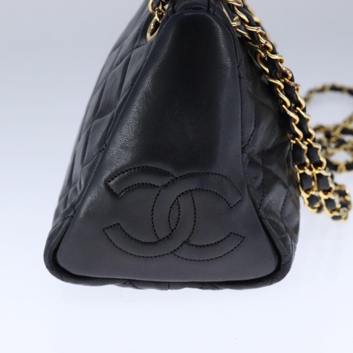 CHANEL Matelasse Chain Shoulder Bag Lamb Skin Black Gold CC 109056