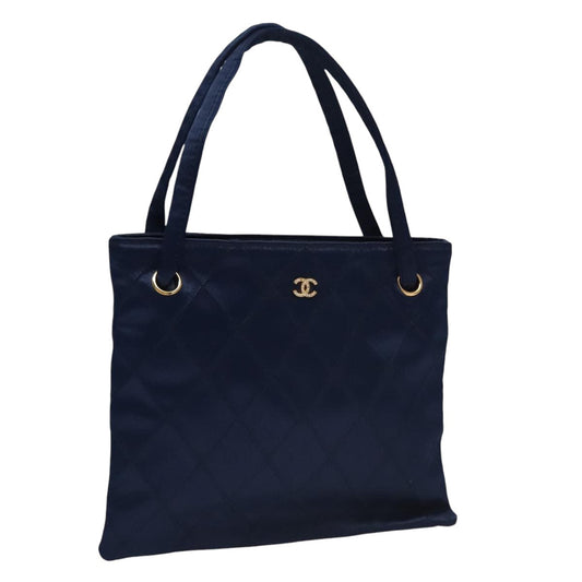CHANEL Matelasse Hand Bag Satin Blue Gold CC 109061