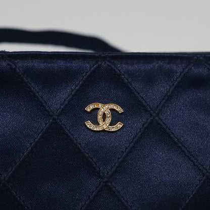 CHANEL Matelasse Hand Bag Satin Blue Gold CC 109061