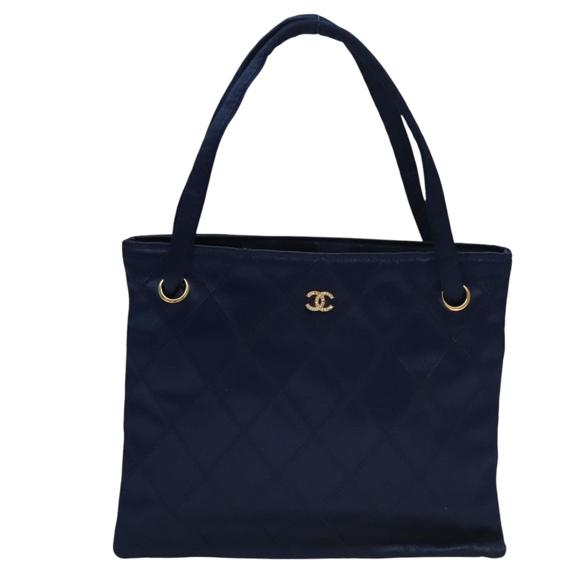 CHANEL Matelasse Hand Bag Satin Blue Gold CC 109061