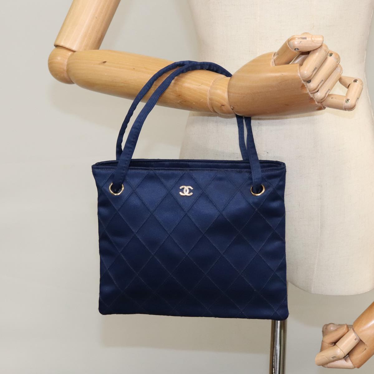 CHANEL Matelasse Hand Bag Satin Blue Gold CC 109061